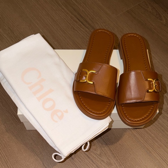 Chloe Tan Leather Slide Sandals - Picture 5 of 6